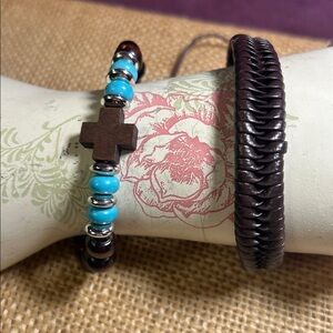 Wooden, Turquoise & Silver Bead and Braided Leather Bracelet Bundle (B)